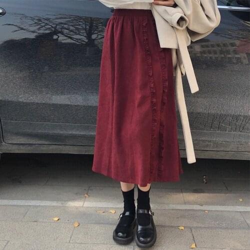 Skirts Women Long Retro Empire High Waist All-match Burgundy Skirt Korean Style Ladies Clothing Lovely Autumn Basic Mujer Faldas