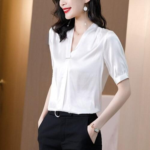 100% Silk Shirt Blouse Women White Summer Short-sleeved Spring Soft Natural Tops Pullover Mulberry Silk T-shirt Collar