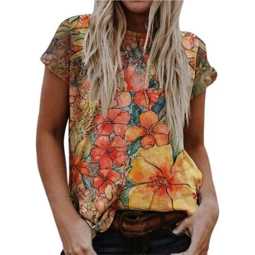 Floral Print Women T-Shirt New 2021 Summer Casual Painting O-Neck Short Sleeve Tops Tee Loose Vintage Streetwear S-2XL Plus Size