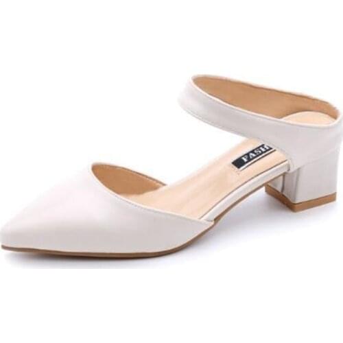 Women sandals PU Slip On 4.5CM Thick heel High heels Pointed Toe Shallow women shoes sandalias mujer 2020 size 35-42 Beige