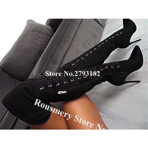 Women Elegant Fashion Pointed Toe Suede Leather Stiletto Heel Over Knee Boots Black Lace-up Slim High Heel Long Boots Dress Heel