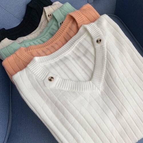 V-neck Solid Color Simple Slim Fit With Long Sleeve Sweater Womens Revised Pullover Elastic Knitted Top