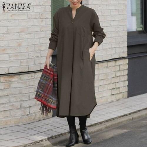 Plus Size Women Spring Sundress 2021 Elegant Corduroy Shirt Dress ZANZEA Casual Solid V Neck Long Sleeve Midi Vestidos Robe 5XL