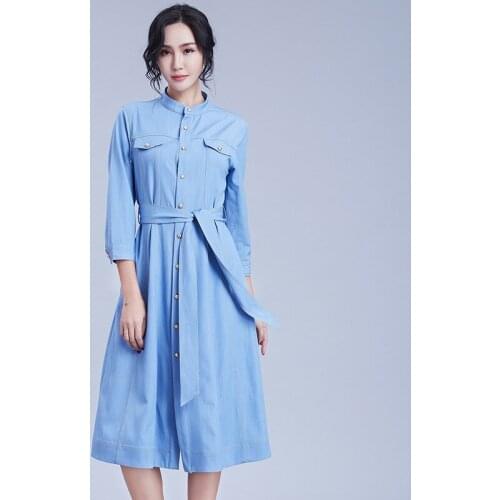 Denim Women Dress Autumn 2019 Spring Three Quarter Sleeve Stand Collar Belt Shirt Dress Midi Long Jean Dresses Women 2019 DD2133