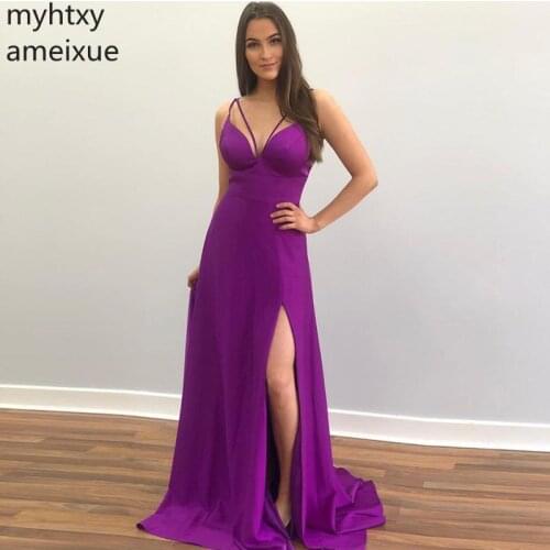 Long Purple Plus Size Cheap Evening Dress V-neck Formal Party Dresses 2021 New Sexy Spaghetti Straps Sweep Train Robe De Soiree