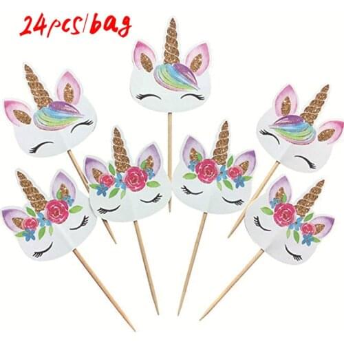 24pcs/bag Unicorn cake toppers Unicorn party birthday party baby shower wedding cupcake flag home party cake decoration supplies