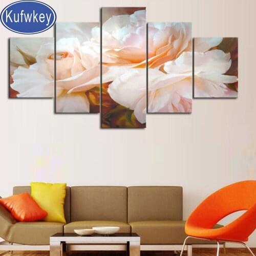 Diamond Painting 5D Full Square Round Diamond Pink Peony Flower Diamond Embroidery Cross Sstitch Rhinestone Home Decor 5 Piece