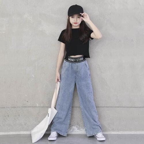 Girls' pants, spring and autumn fashion jeans, high waist, wide-leg pants, big boys and girls, all-match casual pants, loose tro