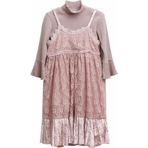 DFXD 2018 Spring Summer 2pcs Teens Girls Outifts High Quality Pink Long Flare Sleeve Shirt+Lace Strap Dress Girls Clothes Sets