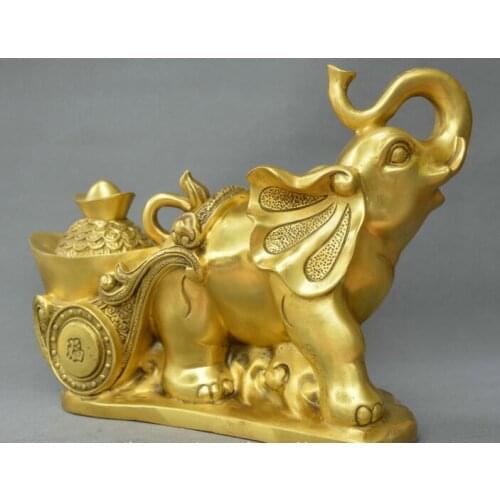 Chinese FengShui old bronze elephant gold ingot yuanbao money wealth statue