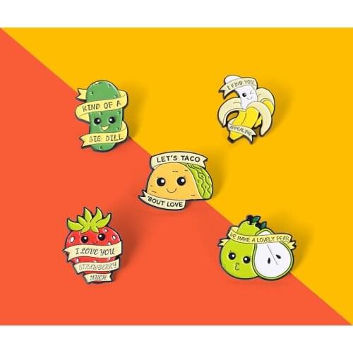 Strawberry Pear Banana Dialogue Banner Enamel Pins Food Taco Boo Brooches Lapel Badge Bag Cartoon Jewelry Gifts For Kids Friends