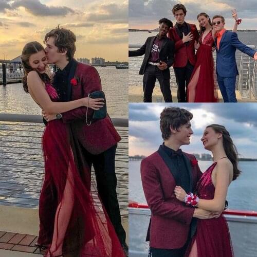 2021 Burgundy V Neck Cocktail Dresses Spaghetti Strap Sequined High Split High Waist Prom Gown Long Wedding Party Dress Backless