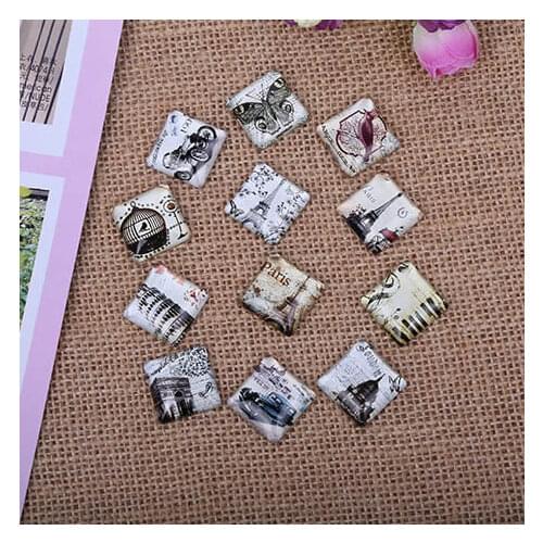 20x20mm Random mixed Square Retro Glass Cabochon Flatback Photo Base DIY Jewelry Making accessory by pair 10pcs K02947