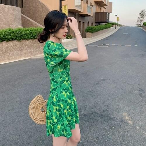 RoseDiary Summer Women Print V-Neck Short Sleeve goblincore Dress High Waist Female Mini Green Casual Beach zevity Vestidos 2021