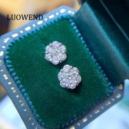 LUOWEND 100% 18K Solid White Gold Earrings Halo Stud Earrings 0.50ct Real Natural Diamond Earring for Women Engagement Customize