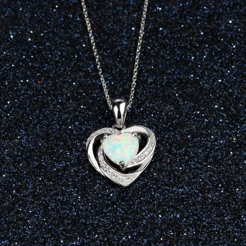 Genuine 925 Sterling SIlver Fine Jewelry Opal & AAA Cubic Zirconia Heart Pendant Necklaces For Women Anniversary Jewelry GIfts