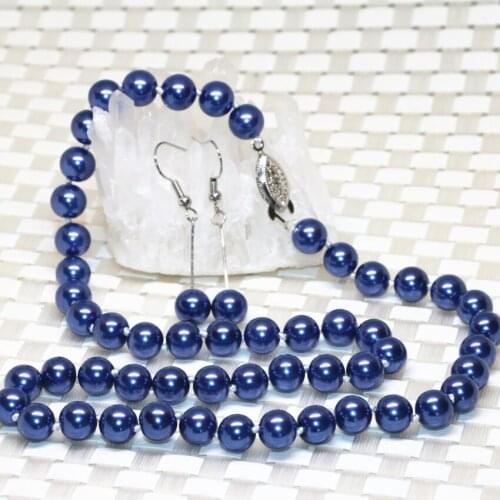 New Fashion Uniuque Dark Blue Simulated-pearl Shell 8mm Round Beads Earrings Necklace for Women Jewelry Set 18inch B2357