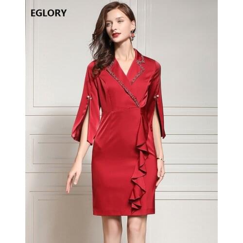 XXXXL Blazer Dress 2020 Autumn Winter Fashion Party Cocktail Women Notched Collar Beading Deco Flare Sleeve Elegant Ruffle Dress