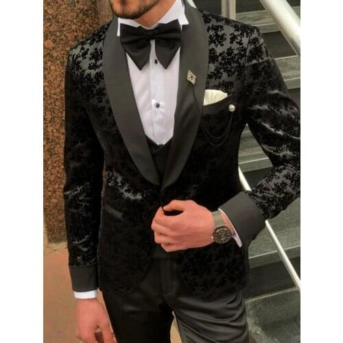 3 Pcs Black Mens Suits Wedding Tuxedos Custom Made Lace Groom Groomsmen Suit Mens' Business Formal Wear