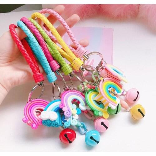 Fresh Girl Lovely Girl Heart Fashion Ceramic Rainbow Bell Key Chain Handbag Pendant Women Female Couple Cute Bag Accessories