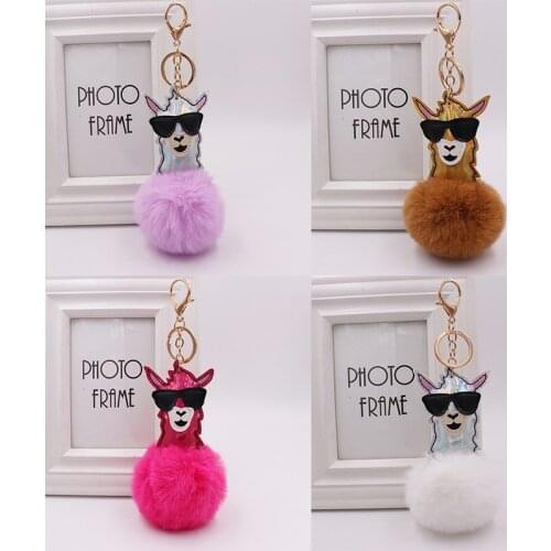 Hip Hop Colorful Sunglasses Alpaca Keychain Accessories For Women Fluffy Artificial Rabbit Fur Animal Punk Keychain Girl Gifts