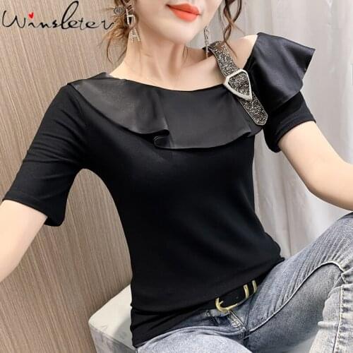 Summer European Clothes T-Shirt Sexy Fashion Ruffles Skew Collar Diammonds Chian Women Tops Short Sleeve Tees New 2021 T14721A