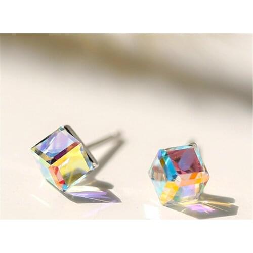 925 Sterling Silver Colorful Crystal Square Stud Earrings For Women Wedding Party Jewelry Female pendientes eh1385