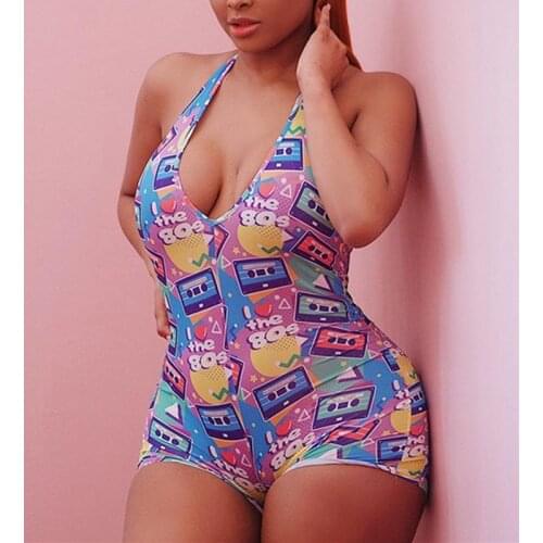 Women Bodycon Romper Jumpsuit V-Neck Print Bandage Sleepwear HomeWear Sexy Sleeveless Summer Shorts Leotard Playsuit 2020