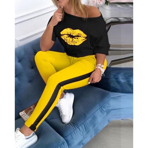 Womens Printed Lip Long Sleeve + Trousers Round Collar Suit Tracksuit Women Summer Casual Sets
