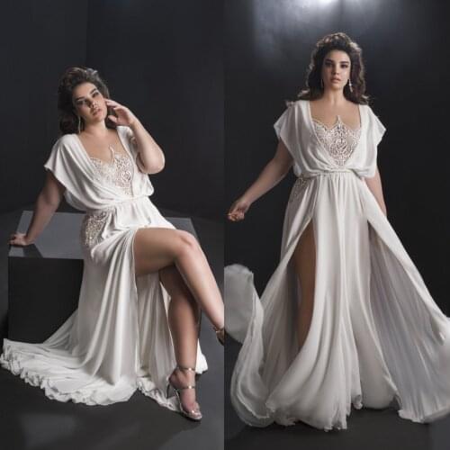 Plus Size Wedding Dresses Sheer Jewel Neck Chiffon Skirt A Line High Side Split Wedding Dress Beach Boho Appliques Bridal Gowns