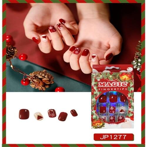 24Pcs Fake Nails Christmas Elk Snowflake False Nails Full Cover Short Nails Art Press on Red Nail for Women Christmas Decoration