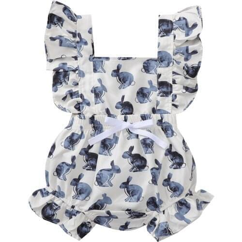 OPPERIAYA Infant Sleeveless Bodysuit Easter Cartoon Animal Print Bow Decoration Ruffle Elastic Waist Summer casual Jumpsuit