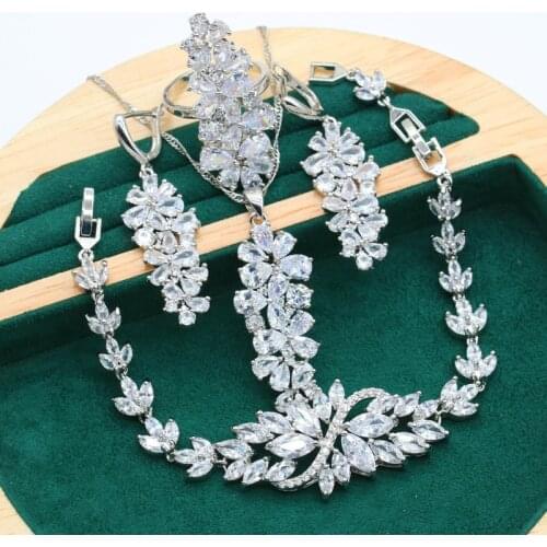Dubai Exquisite Wedding Silver Color Jewelry Set for Women White Zircon Bracelet Long Earrings Necklace Ring Christmas Gift