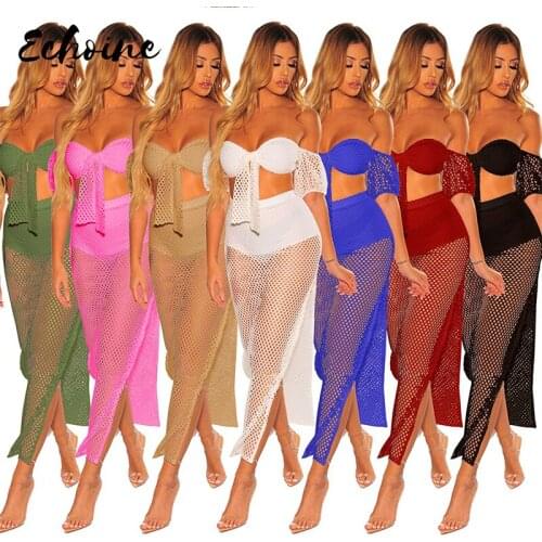 Echoine Women Summer Beach Gauze Grid See Though Tie Up Crop Top Side Split Maxi Slim Skirt Suit Two Piece Set Long Dress S-XXL