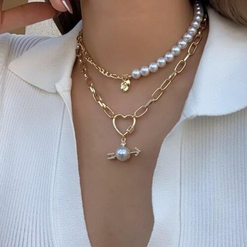 Flashbuy New Fashion Multilayer Chain Choker Necklace Jewelry Pearl Heart Necklace Women Neck Stacking Accessories Gift
