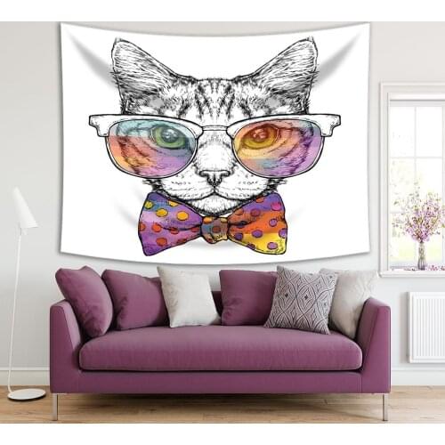 Tapestry Cat Wearing Big Sunglasses and Polka Dot Bow Tie Stylish Fun Cartoon Art Gray Purple Yellow
