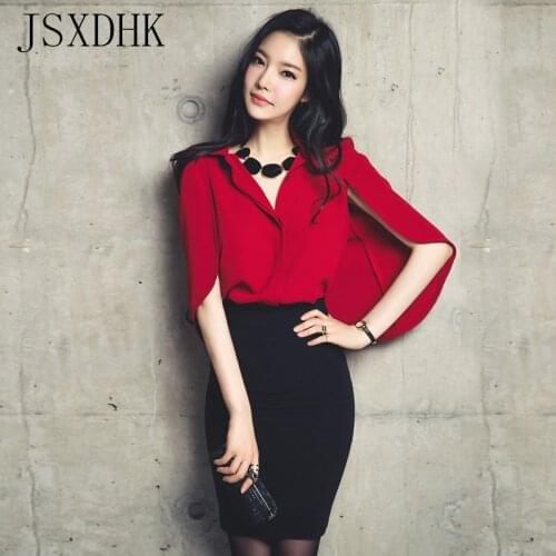 JSXDHK Business Summer Women 2 Piece Set 2019 Formal Red Chiffon Cloak Sleeve Blouse Top + Black Pencil OL Skirt Set 3 Corlos