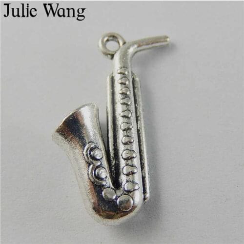 Julie Wang 10PCS Imitation Saxophone Alloy Charms Antique Silver Color Pendants Handmade Jewelry Making Necklace Accessory