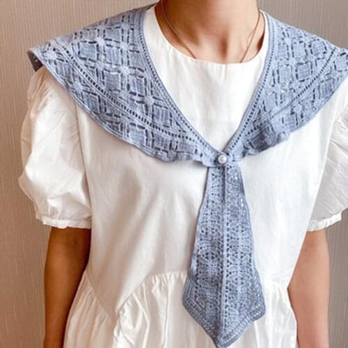 Korean Woman Pearl Buckle Cotton Shawl Summer Sunscreen Bib Tie Outdoor Decorate Thin Crochet Fake Collar Hollow Lace Scarf P90