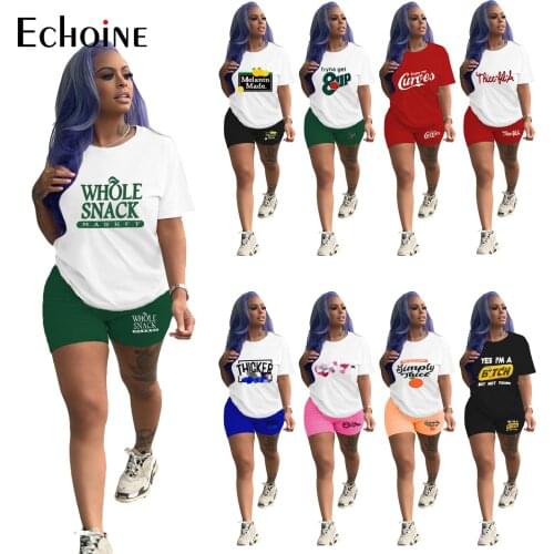 Echoine Women Summer Print Sports Two Piece Set Sexy Fashion Casual Tee Tops Shorts Suit Home Jogger Tracksuit Matching Outfit