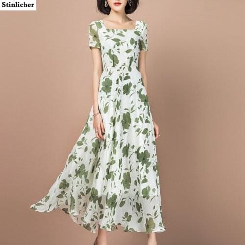 Summer Bohemian Chiffon Long Maxi Dress Women Fashion Square Neck Short Sleeve Beach Dress Lady Elegant High Quality Work Dress