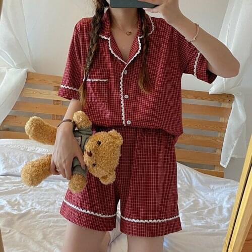 Cute Grid Girls Pajamas Set Korean Summer New Short Sleeve Leisure Sleepwear Women Loose Nightwear Homewear Suit
