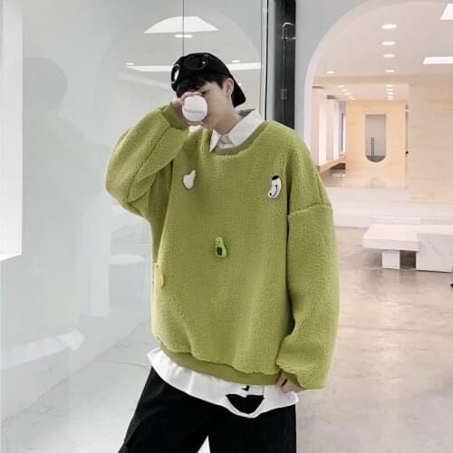 2021 Mens Round Neck Pullover Thicken Velvet Coats Cartoon Brooch DIY Hoodies Fleece 3-color Keep Warm Sweatshirts M-2XL