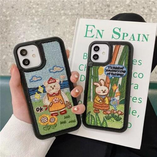 Soft Silk Embroidery Phone Case For iPhone 11 12 Pro Max 7 8 X XS Max XR SE2 Cartoon Bear Shockproof Mobile Phone Bag Case Cover