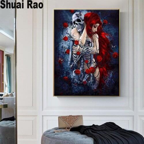 Diy Full Diamond Painting Gothic Embroidery Skull Decoration5D CrossStitch Horror Halloween Rose Naked Girl wallpaper Home Decor