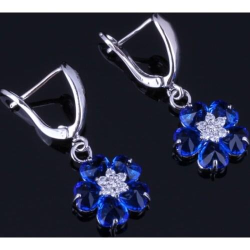 Incredible Flower Blue Cubic Zirconia White CZ Silver Plated Drop Dangle Earrings V0767