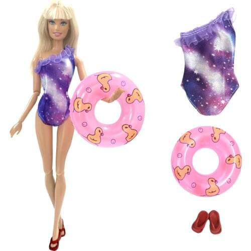 NK Cute Doll Swimsuit Handmade Dress Beach Wear Bikini SwimWear + Random Swim Ring + Slippers for Barbie Doll Accessories 4X