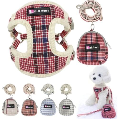 Dog Harness Leash Vest Snack Bag Plaid Adjustable Mesh Cloth Material Cat Harness Leash Set For Medium Large Dogs Pet Supplies