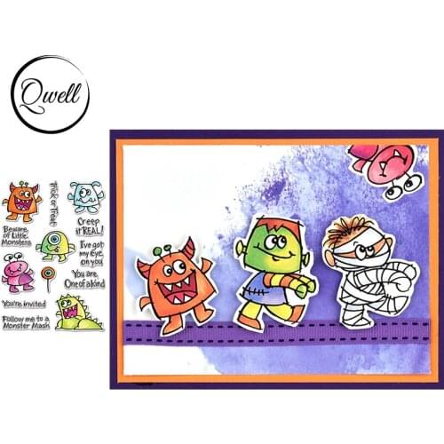 QWELL 4*6 inch Clear Transparent Stamps Cartoon Monster and Sentences DIY Scrapbooking Craft Album Paper Cards Making Template