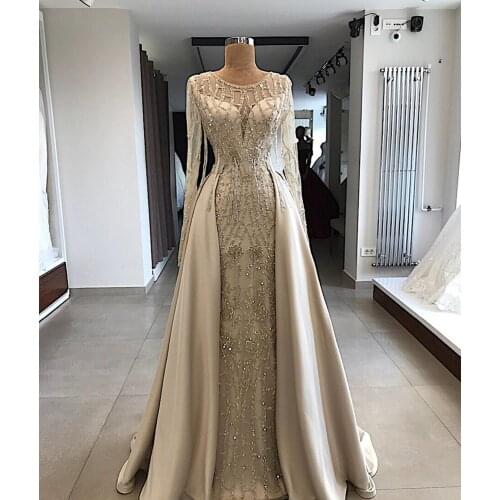 Luxury Arabic Dubai Beaded Long Sleeve Evening Dresses With Detachable Train 2019 Satin Formal Dresses Evening Party Gowns Women